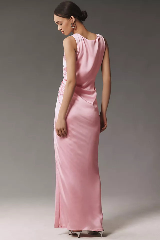 Sleek A-Line Crew-Neck Sleeveless Ruched-Side Floor-Length Prom Dresses