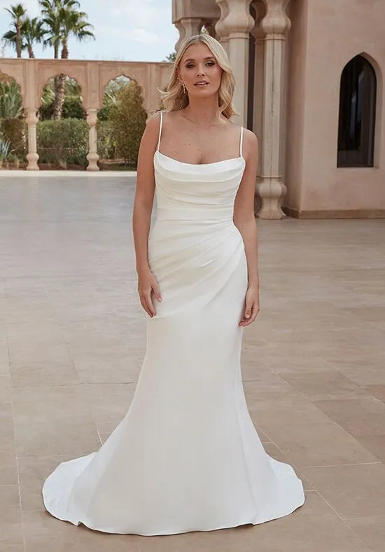 Sleek Mermaid Cowl Neck Spaghetti Strap Button Back Train Wedding Dresses