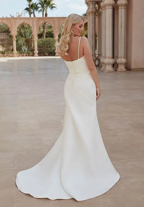 Sleek Mermaid Cowl Neck Spaghetti Strap Button Back Train Wedding Dresses