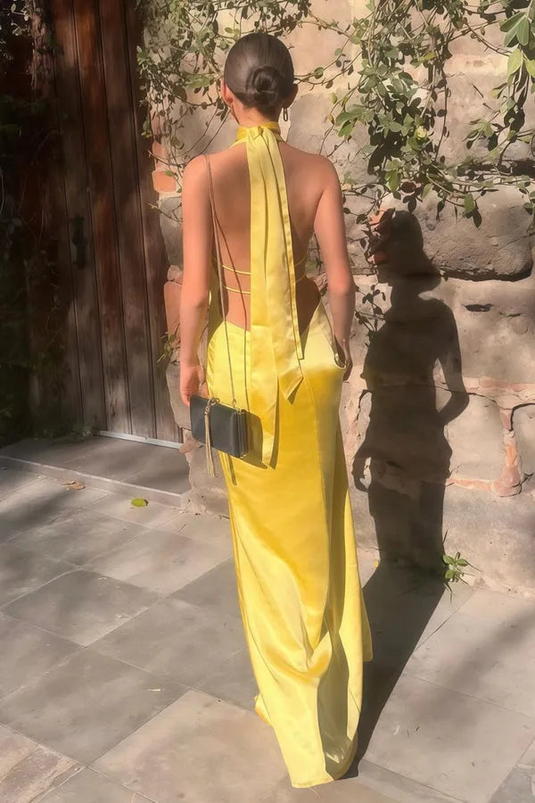 Sleek Mermaid Halter Neck Sleeveless Open Back Floor Length Prom Dress