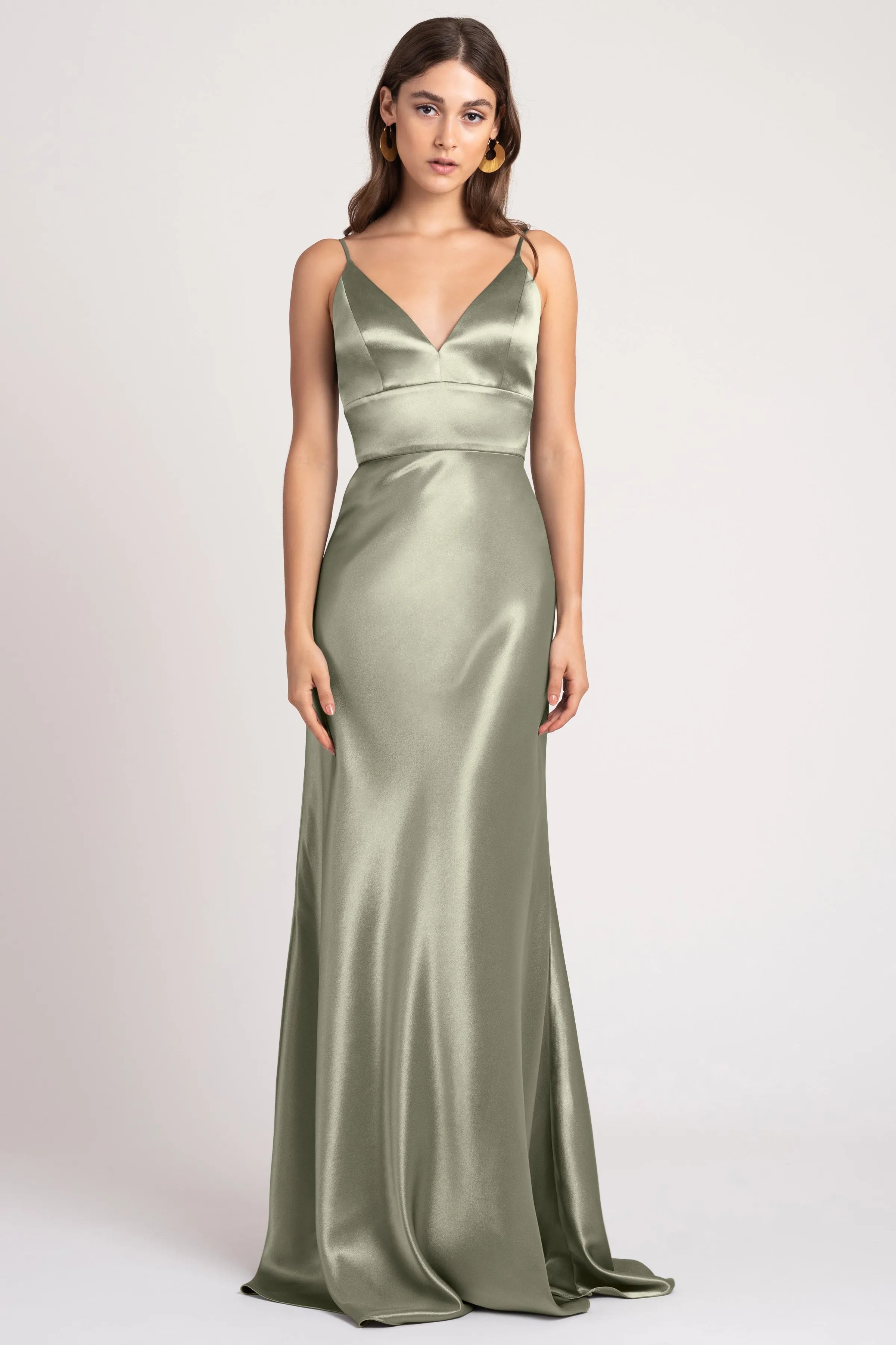 Sleek Mermaid V-Neck Spaghetti-Strap Open-Back Train-Length Bridesmaid Dresses