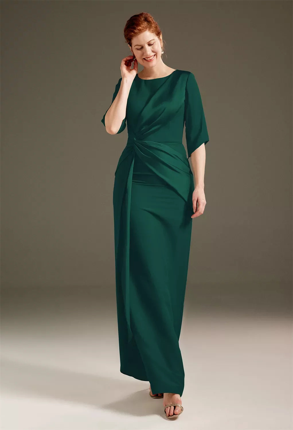 Sleek Sheath Crew Neck Three-Quarter Sleeves Slit Back Floor-Length Mother Of The Bride Dresses
