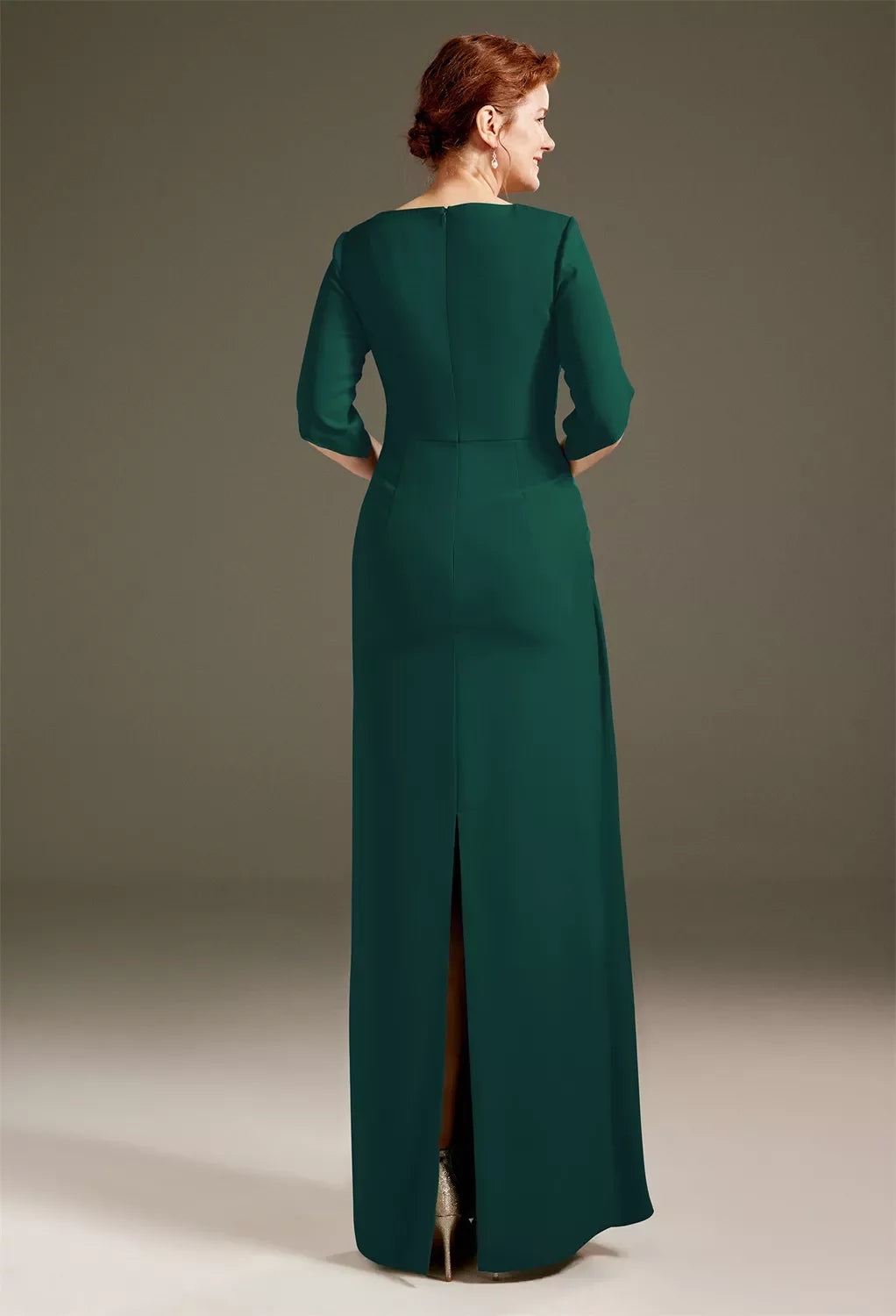Sleek Sheath Crew Neck Three-Quarter Sleeves Slit Back Floor-Length Mother Of The Bride Dresses