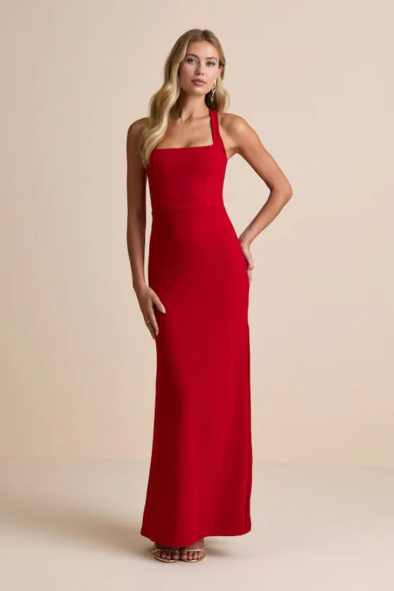 Sleek Sheath Square-Neck Halter-Strap Crisscross-Back High-Slit Floor-Length Prom Dress