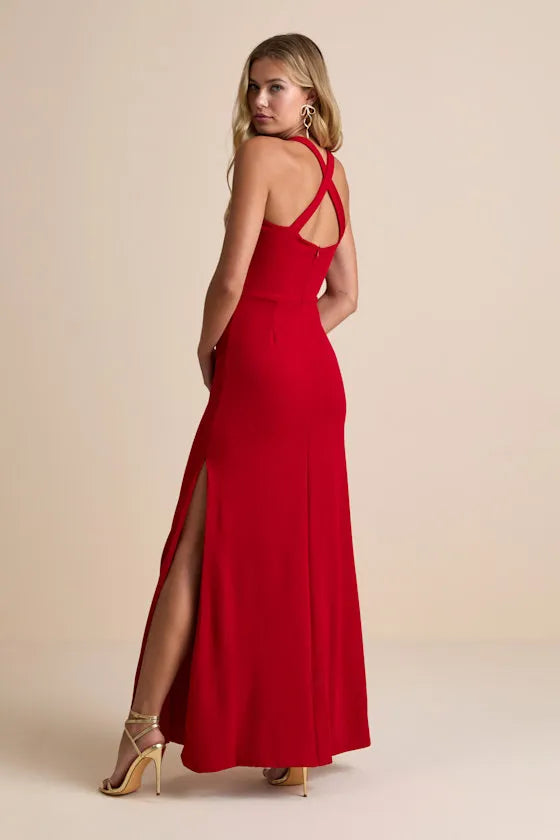 Sleek Sheath Square-Neck Halter-Strap Crisscross-Back High-Slit Floor-Length Prom Dress