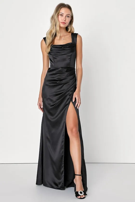 Sleek Sheath Square-Neck Sleeveless Deep-V-Back High-Slit Floor-Length Prom Dress