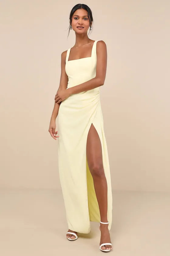 Sleek Sheath Square Neck Sleeveless Open Back High Slit Floor Length Formal Prom Dresses