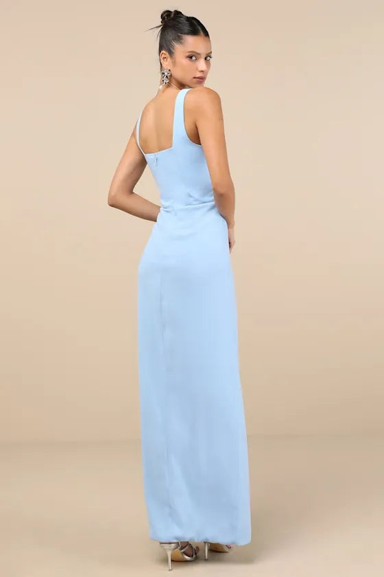 Sleek Sheath Square Neck Sleeveless Open Back High Slit Floor Length Formal Prom Dresses