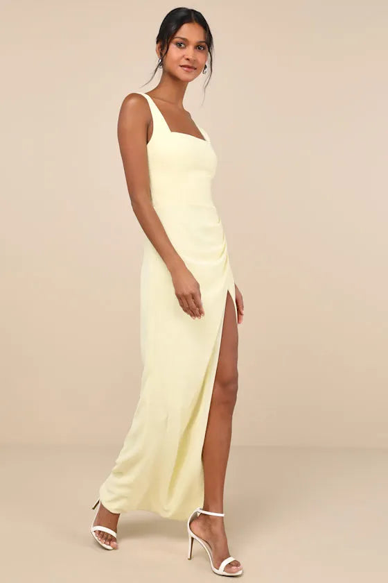 Sleek Sheath Square Neck Sleeveless Open Back High Slit Floor Length Formal Prom Dresses