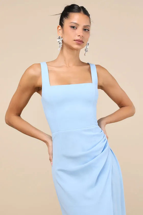 Sleek Sheath Square Neck Sleeveless Open Back High Slit Floor Length Formal Prom Dresses