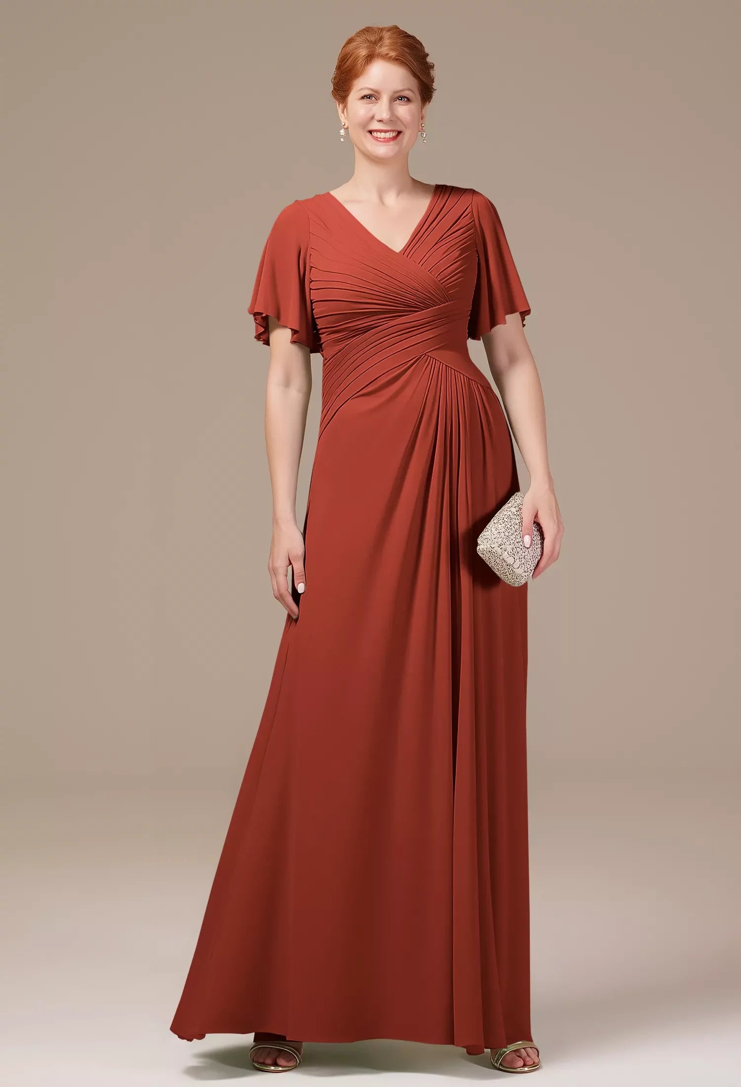 Sleek Sheath V-Neck Flutter Sleeves Ruched Back Floor-Length Mother Of The Bride Dresses