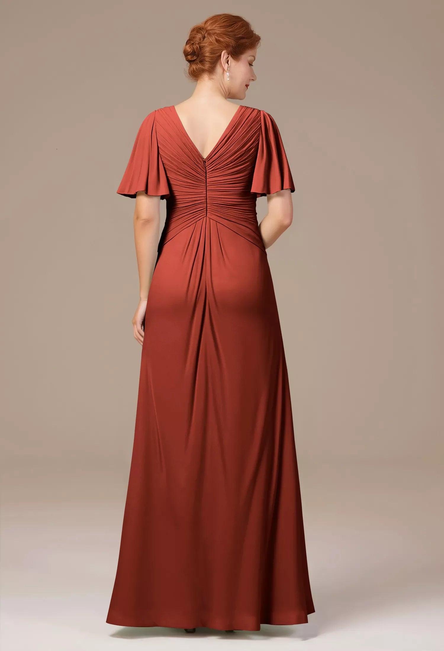 Sleek Sheath V-Neck Flutter Sleeves Ruched Back Floor-Length Mother Of The Bride Dresses