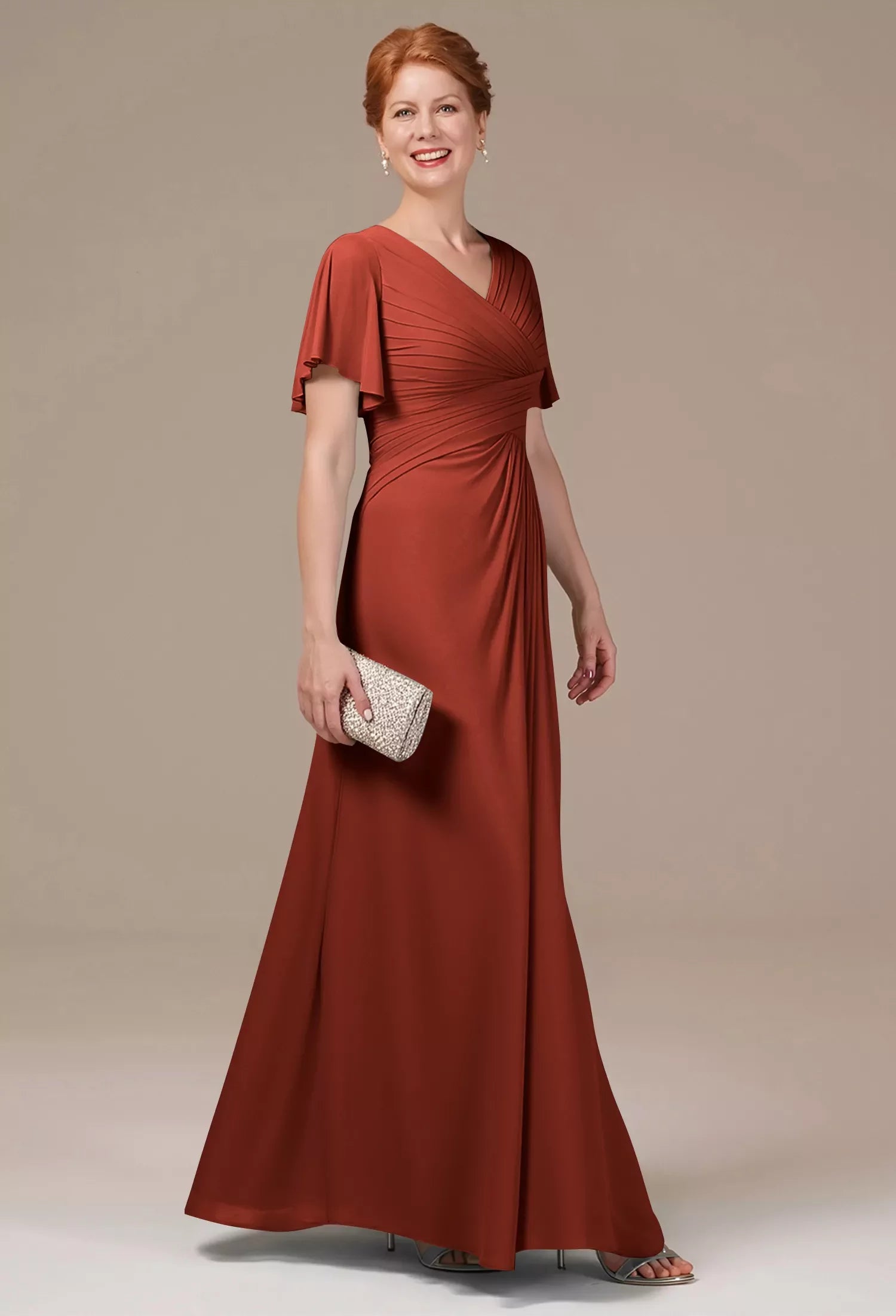 Sleek Sheath V-Neck Flutter Sleeves Ruched Back Floor-Length Mother Of The Bride Dresses