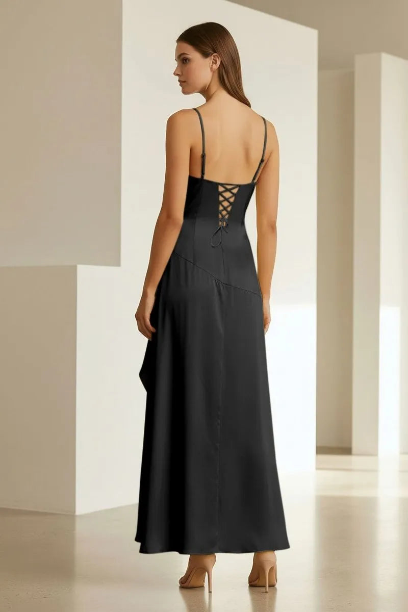 Sleek Slipdress V-Neck Spaghetti-Strap Lace-Up-Back High-Low Prom Dress
