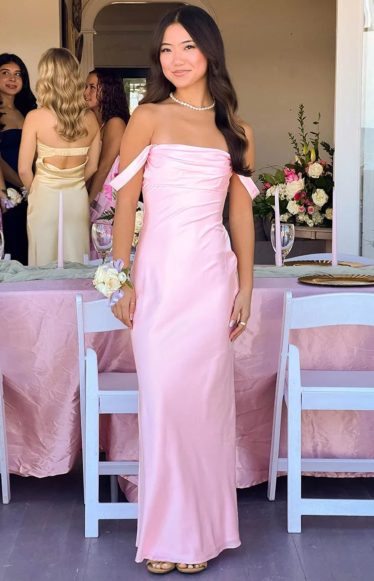 Soft A-Line Off-the-Shoulder Sleeveless Open-Back Floor-Length Prom Dresses