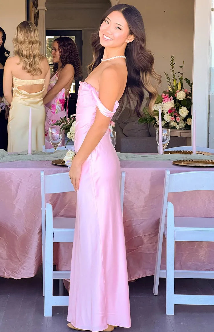 Soft A-Line Off-the-Shoulder Sleeveless Open-Back Floor-Length Prom Dresses