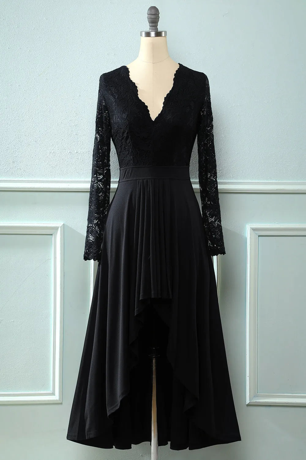Sophisticated A-Line V-Neck Lace Sleeve Keyhole Back High-Low Floor-Length Evening Dresses