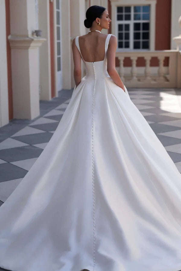 Sophisticated Ballgown Square Neck Spaghetti Strap Button Back Train Wedding Dresses