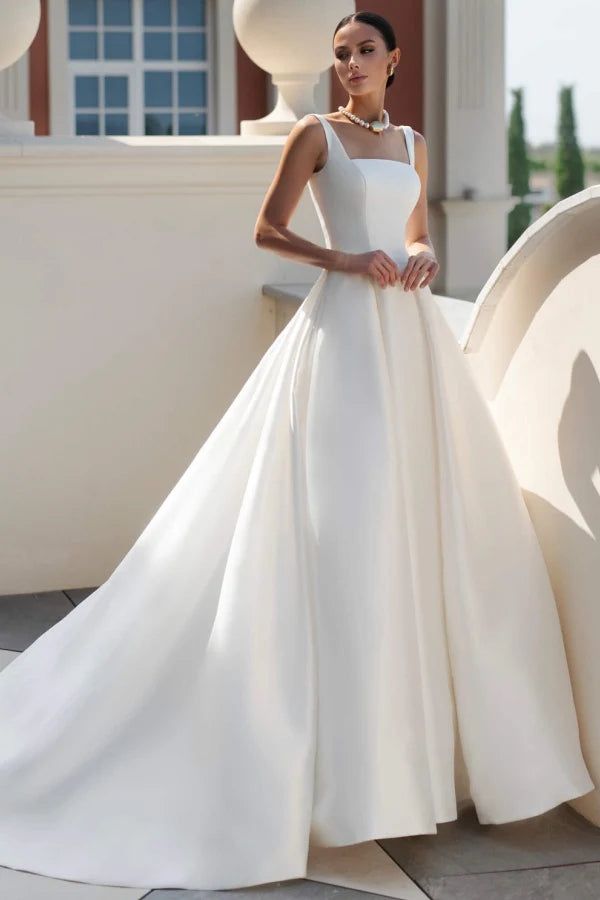 Sophisticated Ballgown Square Neck Spaghetti Strap Button Back Train Wedding Dresses