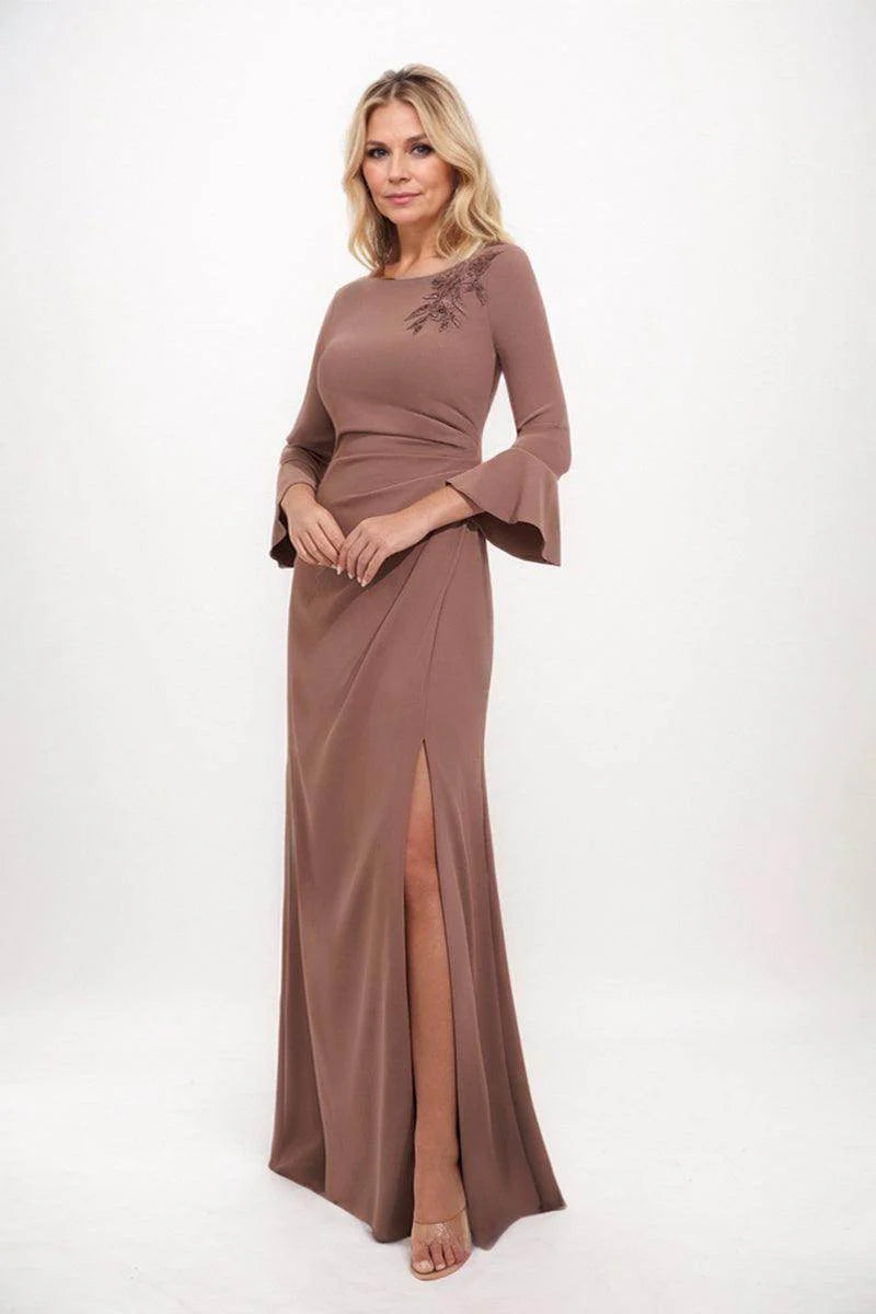 Sophisticated Fitted Crew Neck Flared Sleeve V-Back Floor-Length Mother Of The Bride Dresses