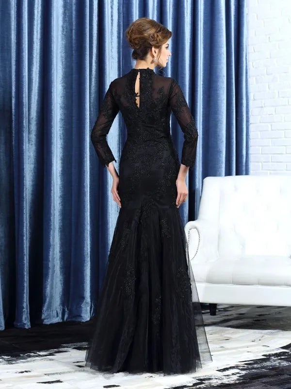 Sophisticated Mermaid High Neck Long Sleeve Keyhole Back Floor-Length Mother Of The Bride Dresses