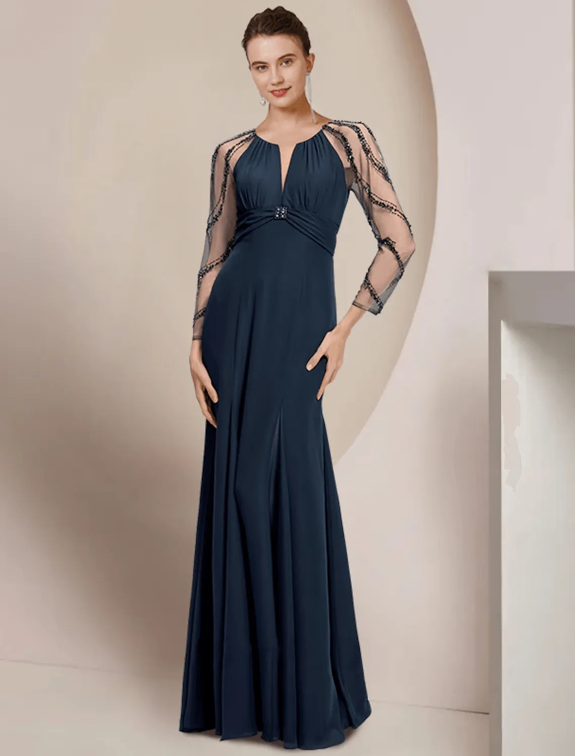 Sophisticated Mermaid Keyhole Neck Beaded Sleeve Zip Back Floor-Length Mother Of The Bride Dresses
