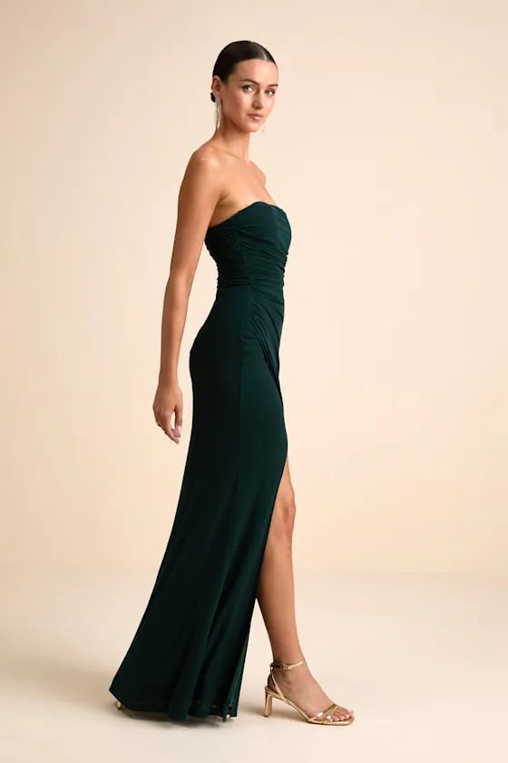 Sophisticated Mermaid Strapless Ruched Open Back Floor Length Formal Prom Dresses