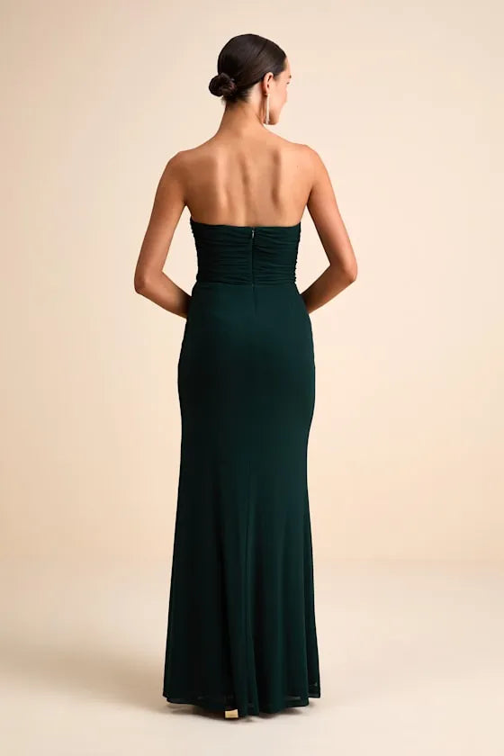 Sophisticated Mermaid Strapless Ruched Open Back Floor Length Formal Prom Dresses