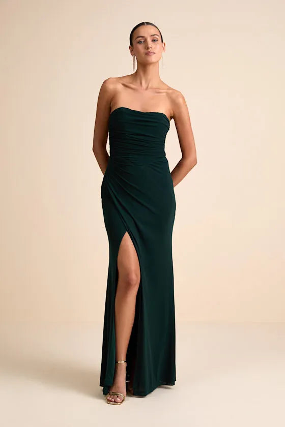 Sophisticated Mermaid Strapless Ruched Open Back Floor Length Formal Prom Dresses