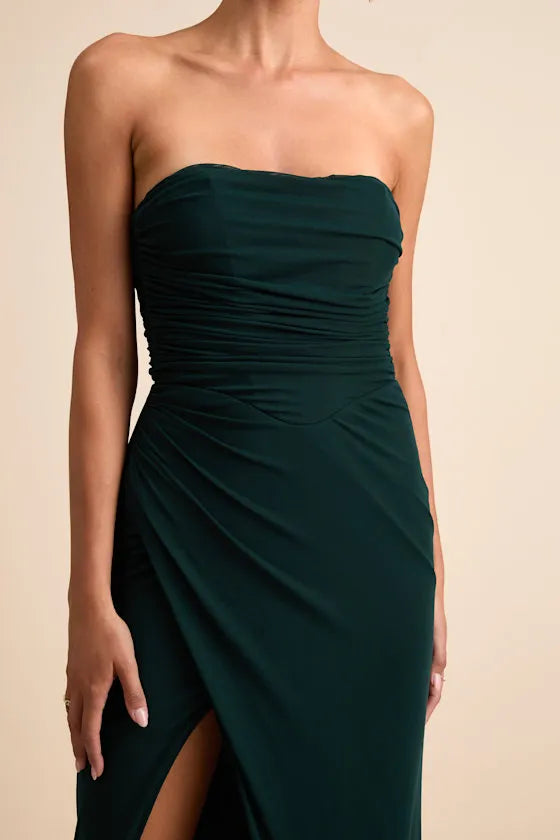 Sophisticated Mermaid Strapless Ruched Open Back Floor Length Formal Prom Dresses