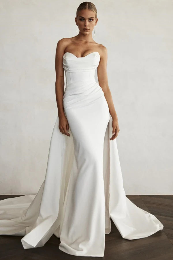 Sophisticated Mermaid Sweetheart Strapless Draped Back  Ruched Satin High Side Slit Train Wedding Dresses