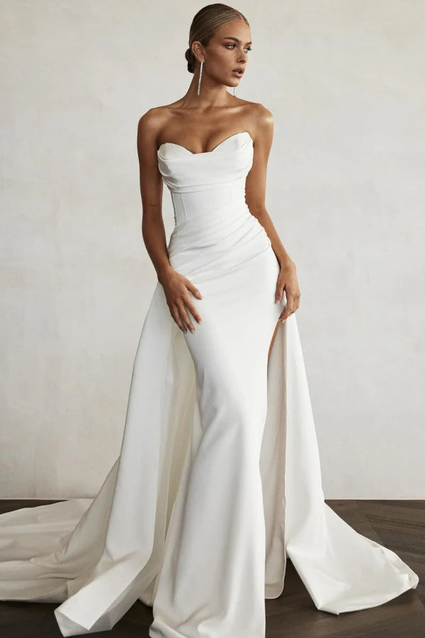 Sophisticated Mermaid Sweetheart Strapless Draped Back  Ruched Satin High Side Slit Train Wedding Dresses