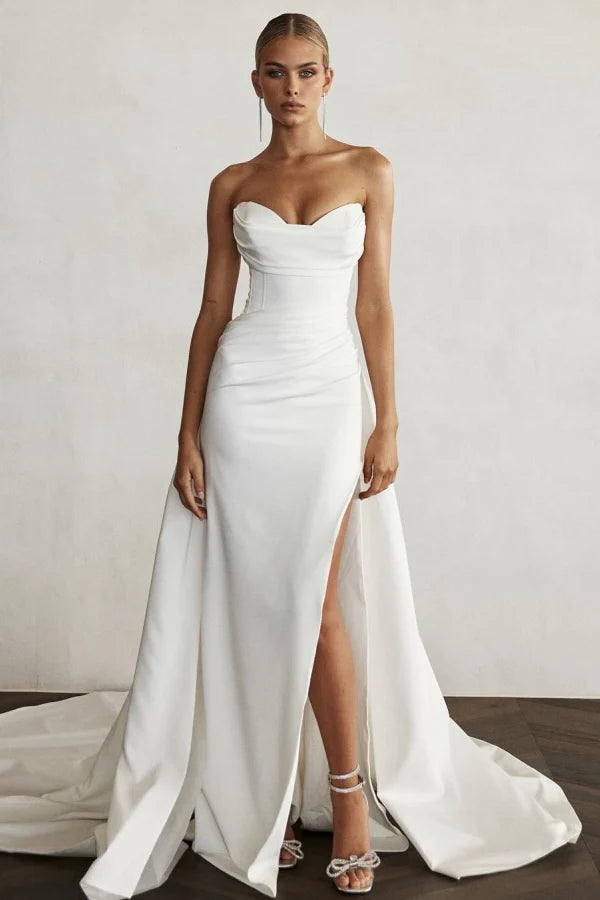 Sophisticated Mermaid Sweetheart Strapless Draped Back  Ruched Satin High Side Slit Train Wedding Dresses
