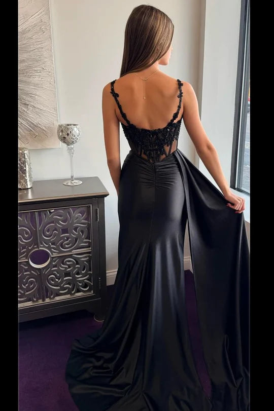 Spaghetti Strap Black Beaded Satin Mermaid Prom Dress with Corset Bodice and Satin Drape