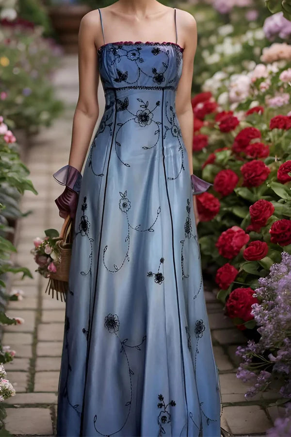 Spaghetti Strap Floral Embroidered Open Back Tie Maxi Prom Dresses (Dusty Blue)