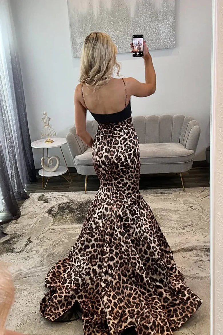 Spaghetti Strap Leopard Print Mermaid Prom Dress with Black Bow and Train