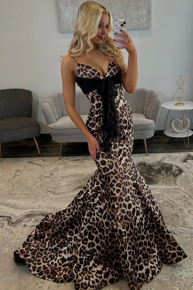 Spaghetti Strap Leopard Print Mermaid Prom Dress with Black Bow and Train