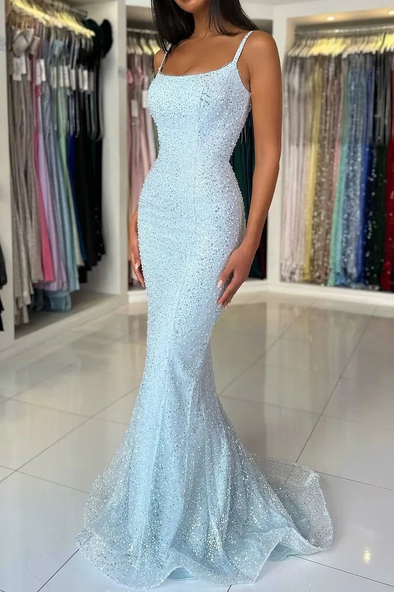 Spaghetti Strap Light Blue Beaded Mermaid Prom Dress with Square Neckline