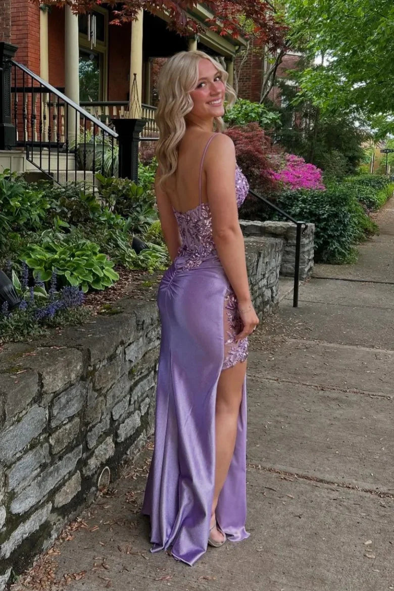 Spaghetti Strap Lilac Sequin Mermaid Prom Dress with Sheer Bodice and Side Slit