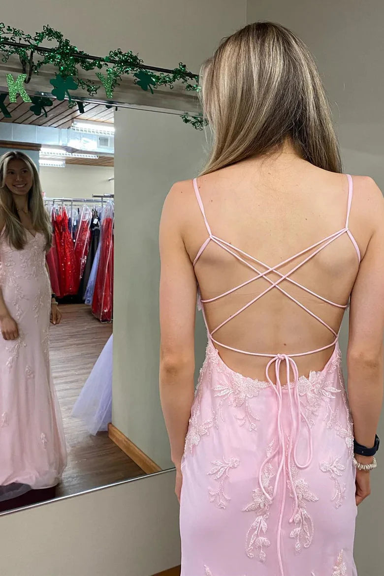 Spaghetti Strap Pink Lace Mermaid Prom Dress with Crisscross Back
