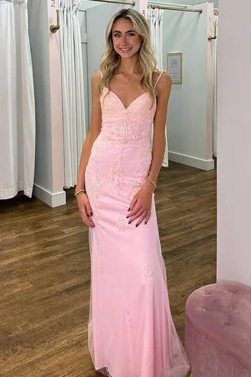 Spaghetti Strap Pink Lace Mermaid Prom Dress with Crisscross Back