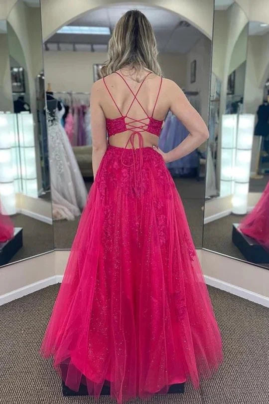 Spaghetti Strap Red Lace Tulle Prom Dress with Crisscross Back and Side Slit