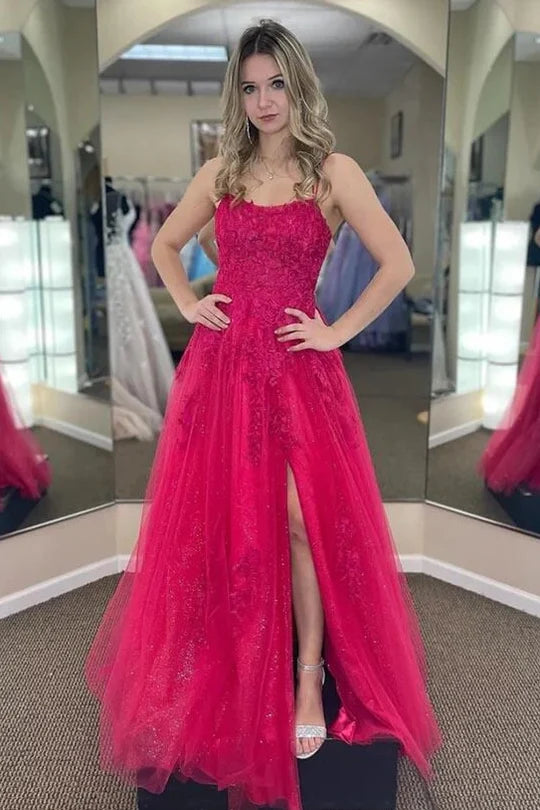 Spaghetti Strap Red Lace Tulle Prom Dress with Crisscross Back and Side Slit