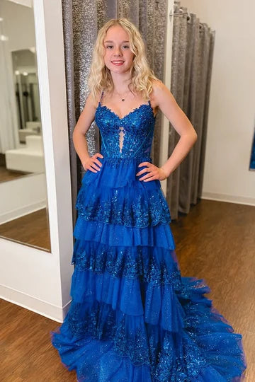 Spaghetti Strap Royal Blue Sequin Tiered Tulle Prom Dress with Sheer Corset Bodice