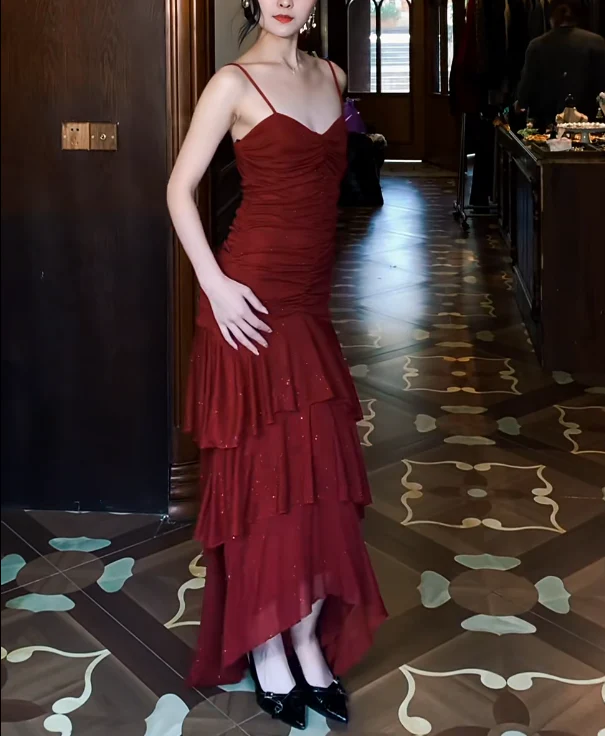 Spaghetti Strap Ruched Glitter Mesh Tiered Ruffle High-Low Evening Dress