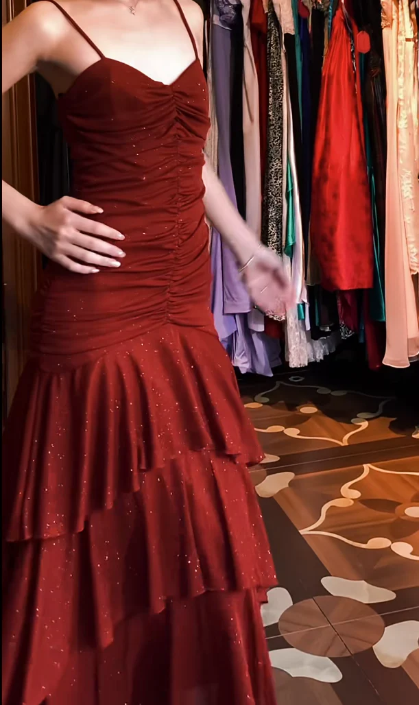 Spaghetti Strap Ruched Glitter Mesh Tiered Ruffle High-Low Evening Dress