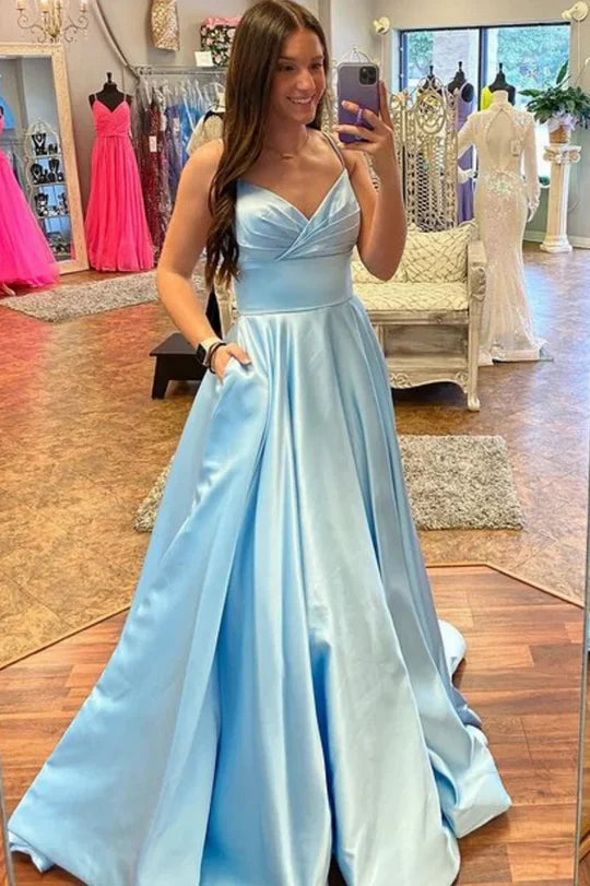 Spaghetti Strap Sky Blue Satin Prom Dress with Pockets and Back Bow