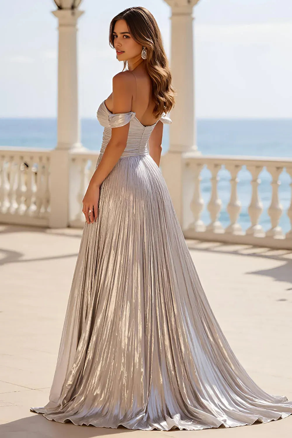 Sparkle A-Line Off-the-Shoulder Sleeveless Metallic Silver Prom Dress with Pleated Skirt High Slit ﻿