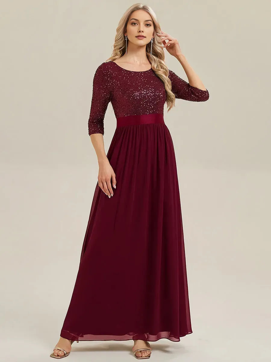 Sparkle Burgundy A-Line Boat Neck 3/4 Sleeve Back Zip Sequin Embellished Chiffon Floor-Length Prom Dresses