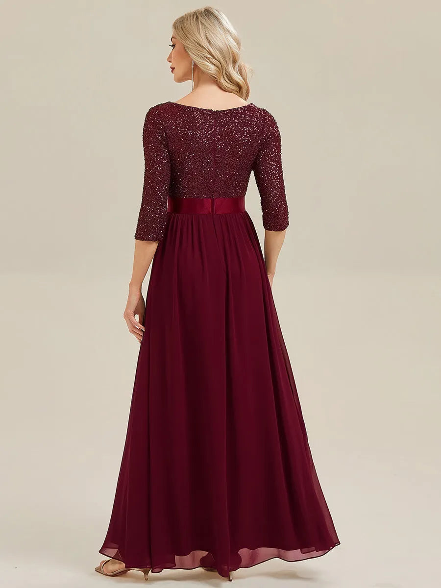 Sparkle Burgundy A-Line Boat Neck 3/4 Sleeve Back Zip Sequin Embellished Chiffon Floor-Length Prom Dresses